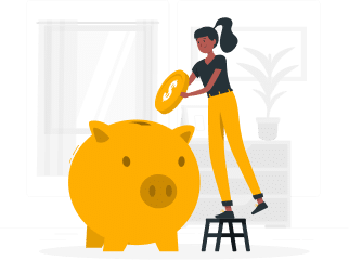 A woman standing on a ladder putting a coin into a giant piggy bank