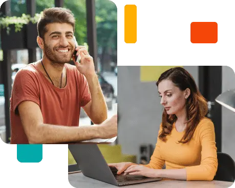 A man on the phone and a woman on a laptop performing user acceptance testing (UAT)